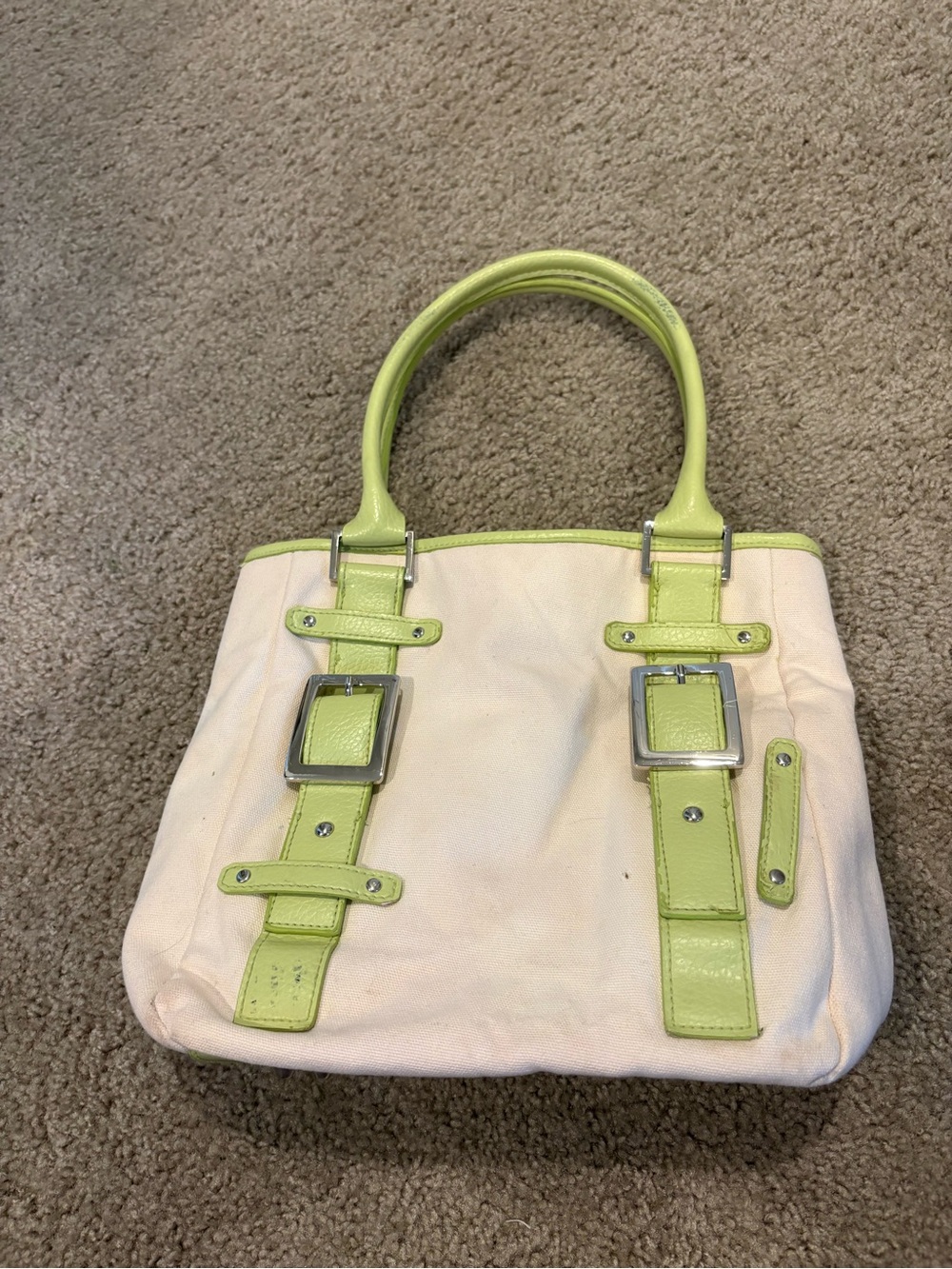 Women's Vintage Cream Tote Bag with Lime Accent Handles *flawed